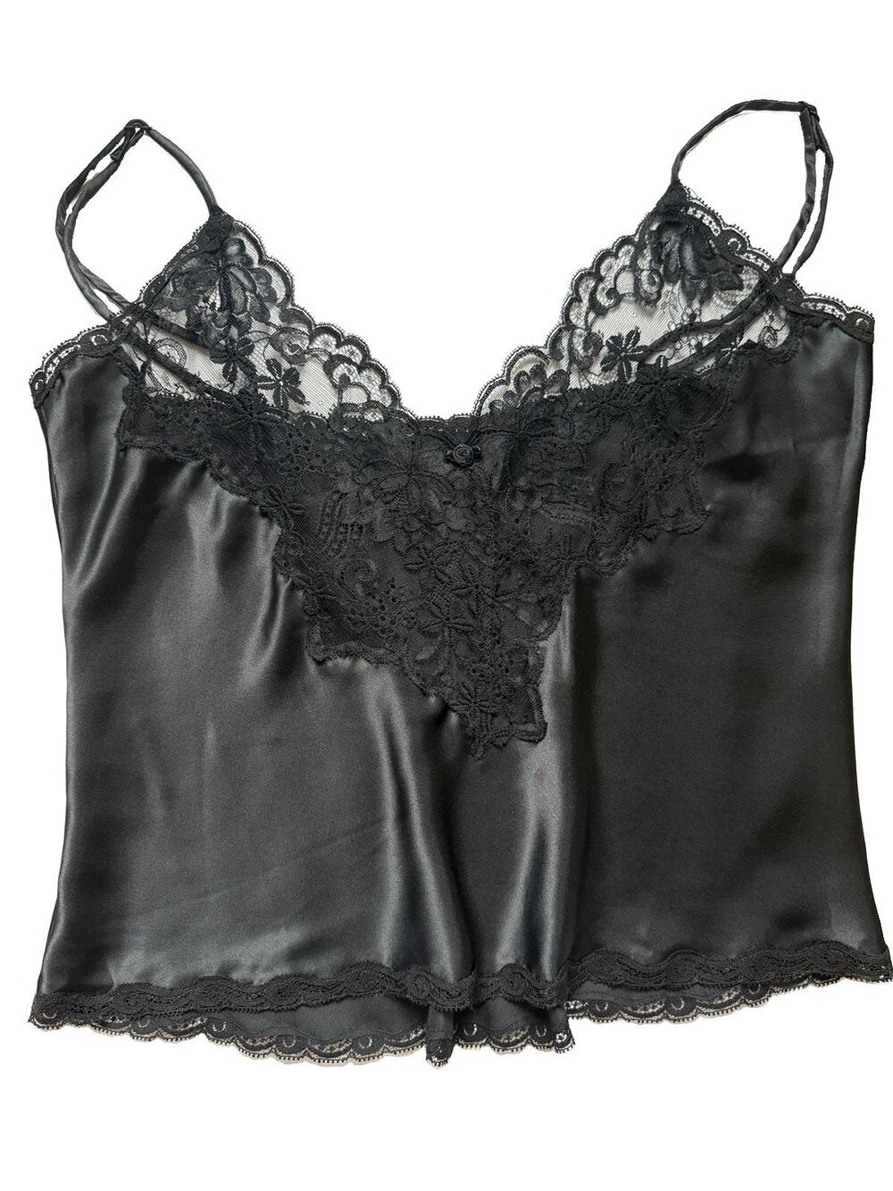 Vintage Oscar de la Renta Black Lace Satin Camisole Tank Top 36 M Lingerie 90s
